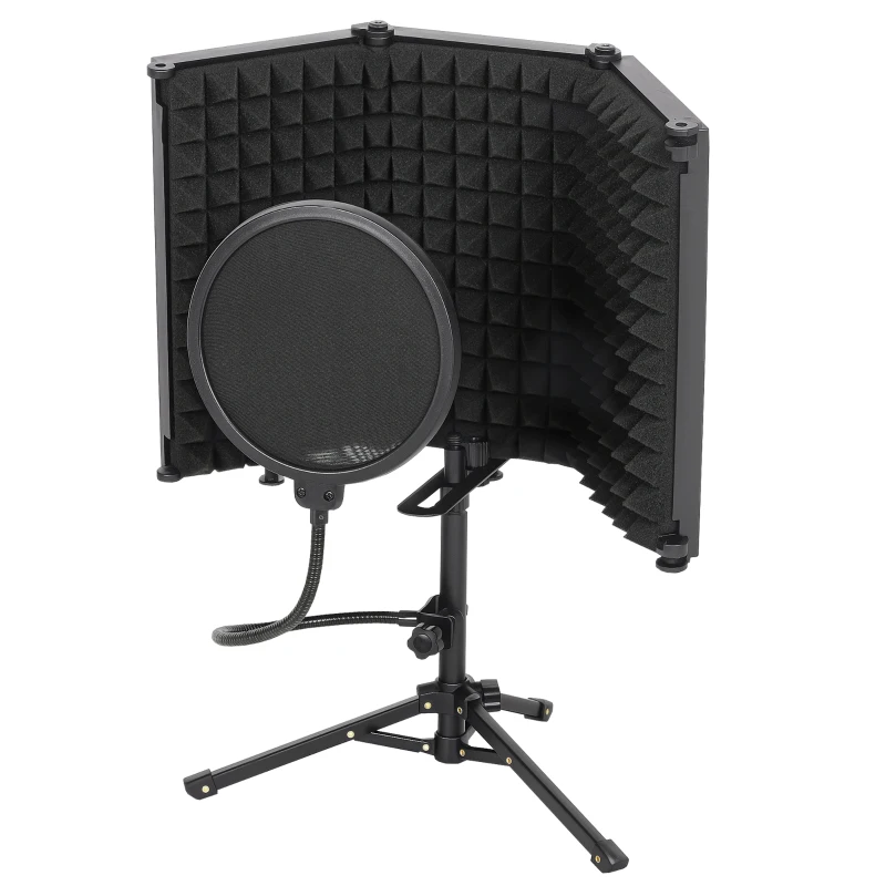 HOMCOM Studio Microphone Isolation Shield with Pop Filter and Tripod Stand, Foldable Adjustable Recording Studio Equipment, 3-Panel High Density Absorbent Foam Shield with 3/8" Threaded Mount, Black