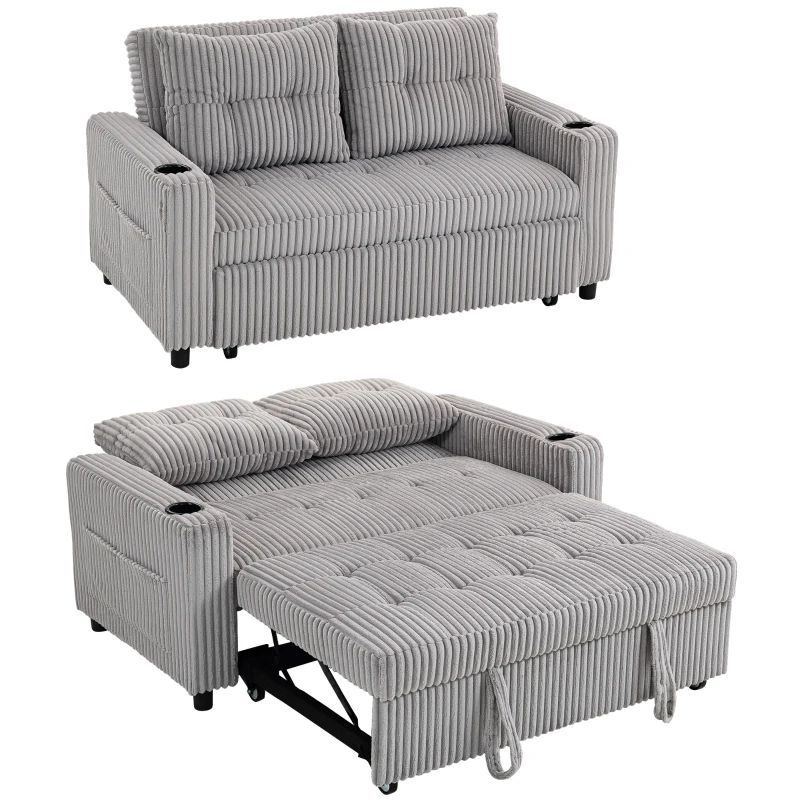 HOMCOM 2 Seater Click Clack Sofa Bed with Pull Out Design, Corduroy Upholstery - Light Grey