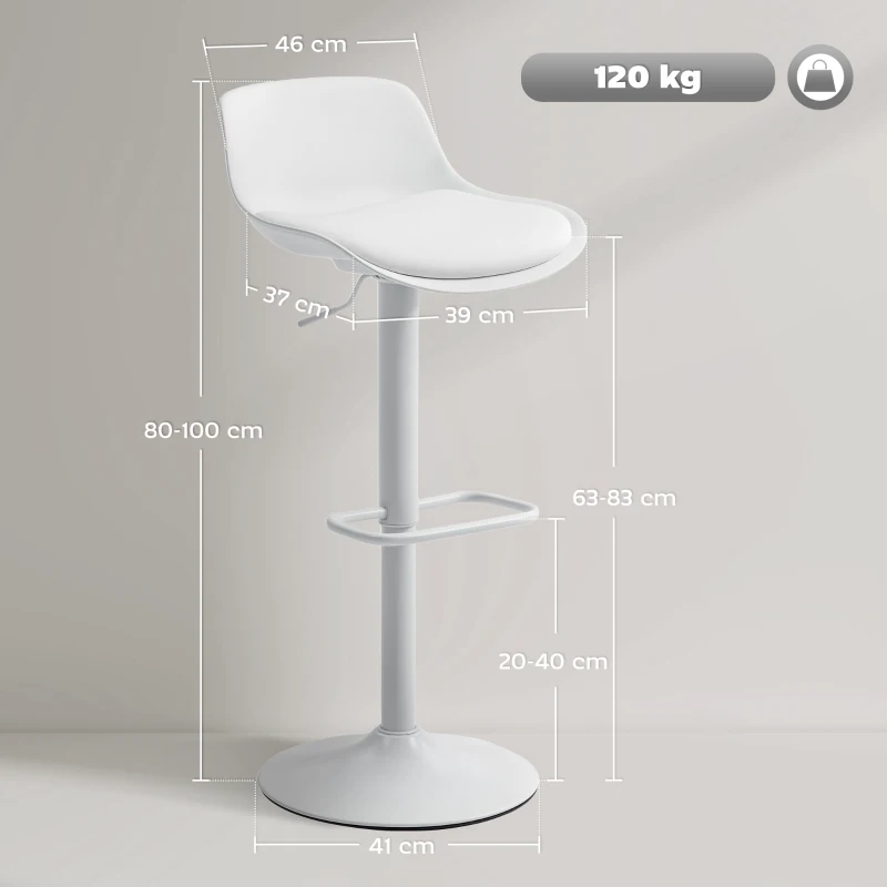 HOMCOM Set de 2 Scaune de Bar Rotative cu Spătar și Înălțime Reglabilă Alb