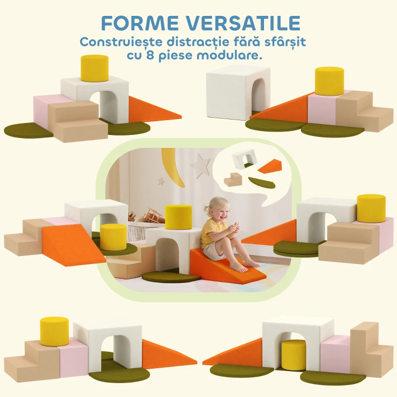 AIYAPLAY Set 8 Construcții Moi pentru Copii 0-3 Ani de Interior, din Catifea și Spumă PU Portocaliu