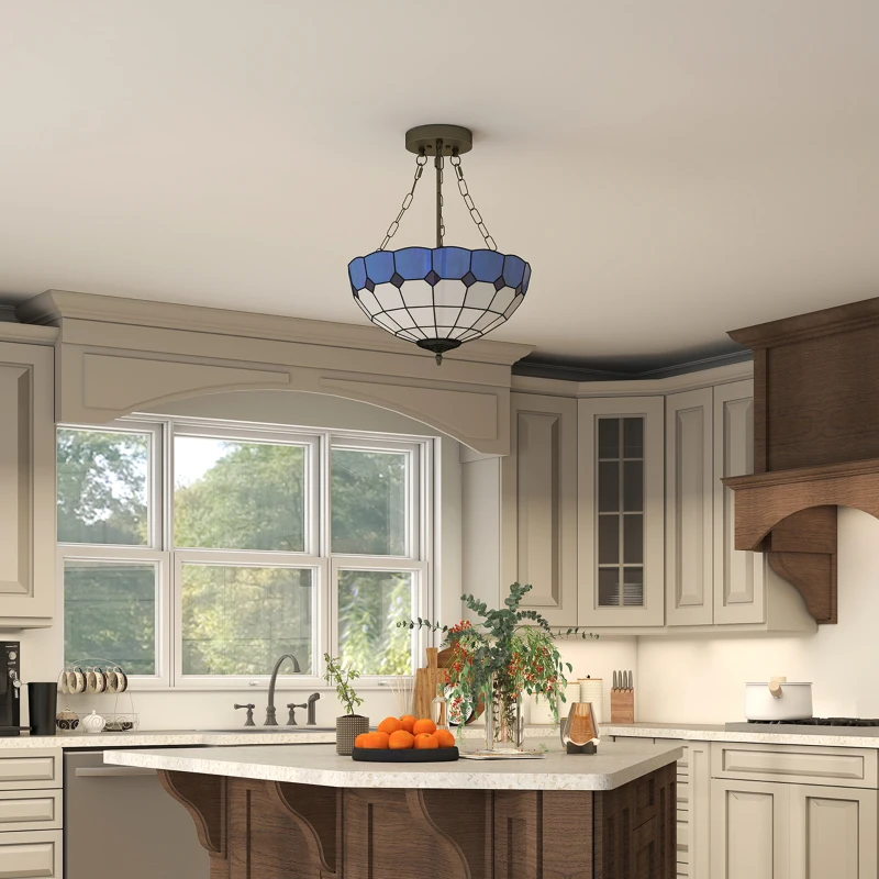 HOMCOM Tiffany Style Ceiling Light, Vintage Chandelier with 3 E27 Sockets, Semi Flush Mount for Living Room, Bulbs Not Included