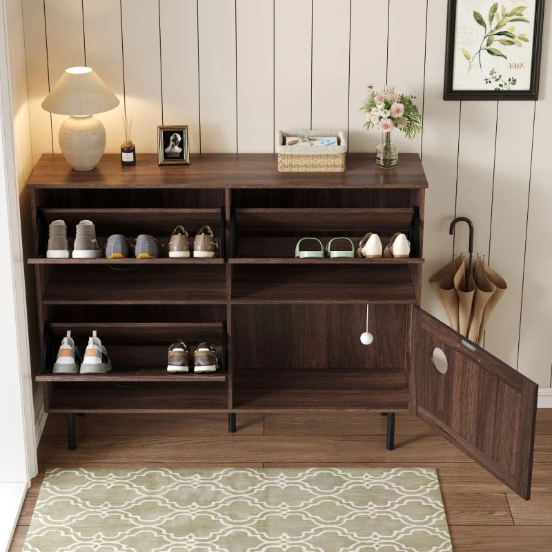 Scarpiera con 3 ante a ribalta, con ripiano per giocattoli per animali, 120x28x92 cm, Marrone