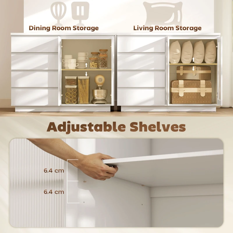 HOMCOM Bufet din Lemn cu 4 Sertare și Dulap cu Uși de Sticlă și Rafturi Reglabile, 120x40x91 cm, Alb