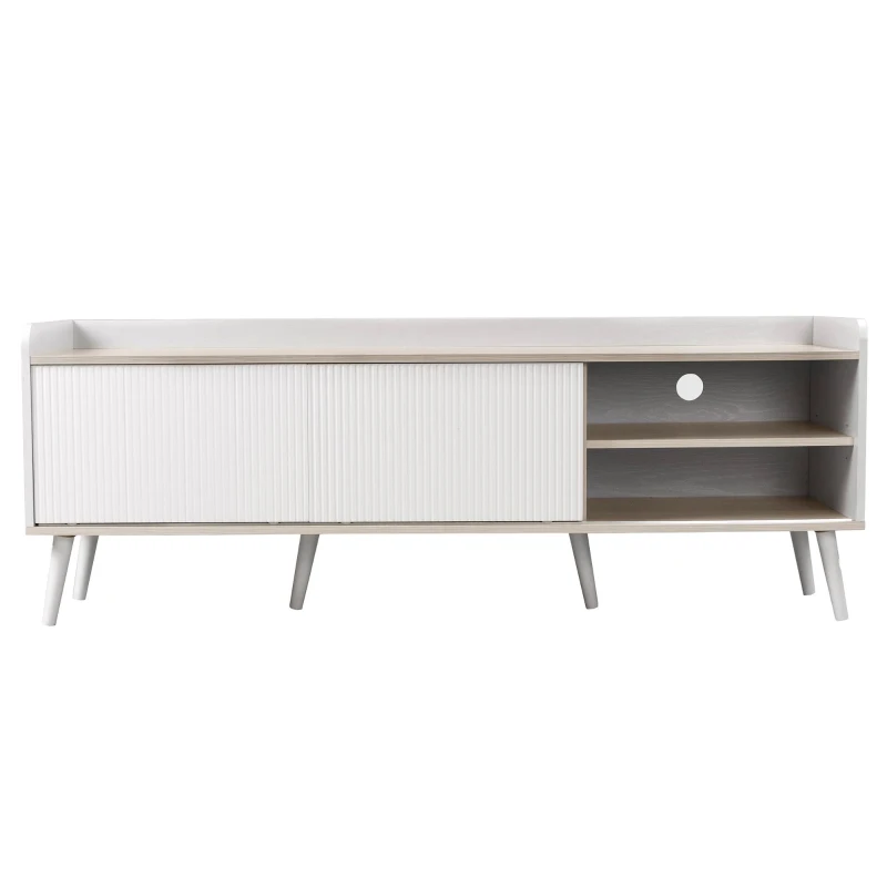 Mobile TV con 2 cassetti, ante scorrevoli a righe e gambe in legno robuste, 160x40x58 cm, Bianco