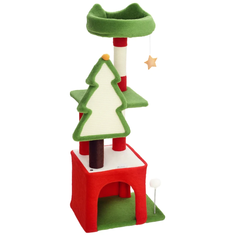 PawHut Christmas Cat Tree, 120cm Cat Tower with Scratching Post & Board, Platform, Toys, Green