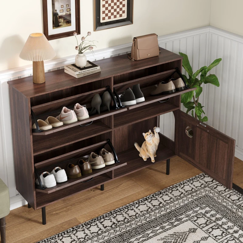 Scarpiera con 3 ante a ribalta, con ripiano per giocattoli per animali, 120x28x92 cm, Marrone