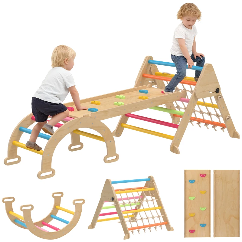AIYAPLAY 8-in-1 Toddler Climbing Frame, Indoor Play Triangle Set with Slide, Arch and Triangle Ladder, Multicolour
