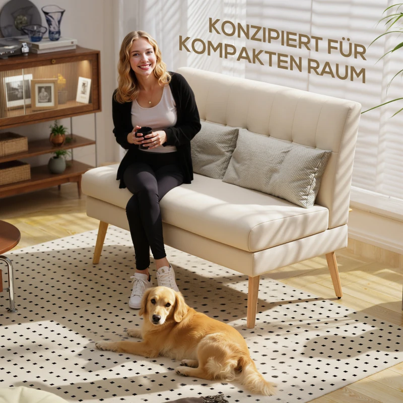HOMCOM 2-zits sofa, getufte rugleuning, houten poten, dikke vulling, linnenlook, voor kleine ruimtes, beige