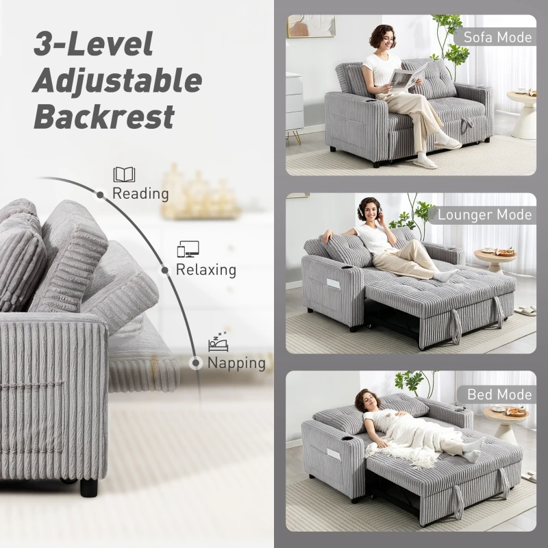 HOMCOM 2 Seater Click Clack Sofa Bed with Pull Out Design, Corduroy Upholstery - Light Grey