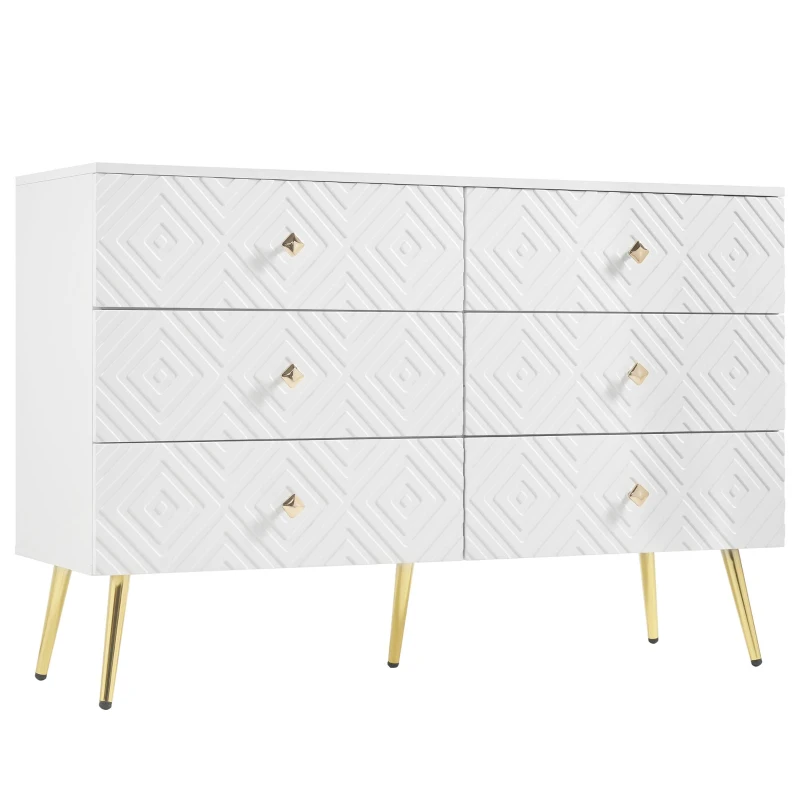 Cassettiera a 6 cassetti, con motivo geometrico e maniglie a forma di diamante, per camera da letto e soggiorno, 120x40x80 cm, Bianco