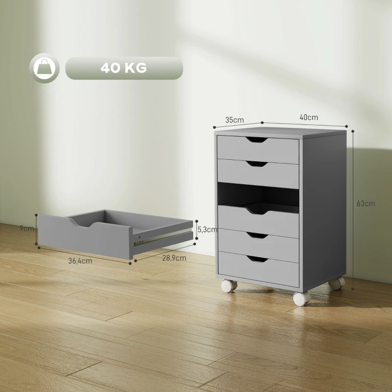 HOMCOM Bloco de Gavetas Móvel Arquivador com 6 Gavetas Suporte para Impressora com Rodas 40x35x63 cm Cinzento