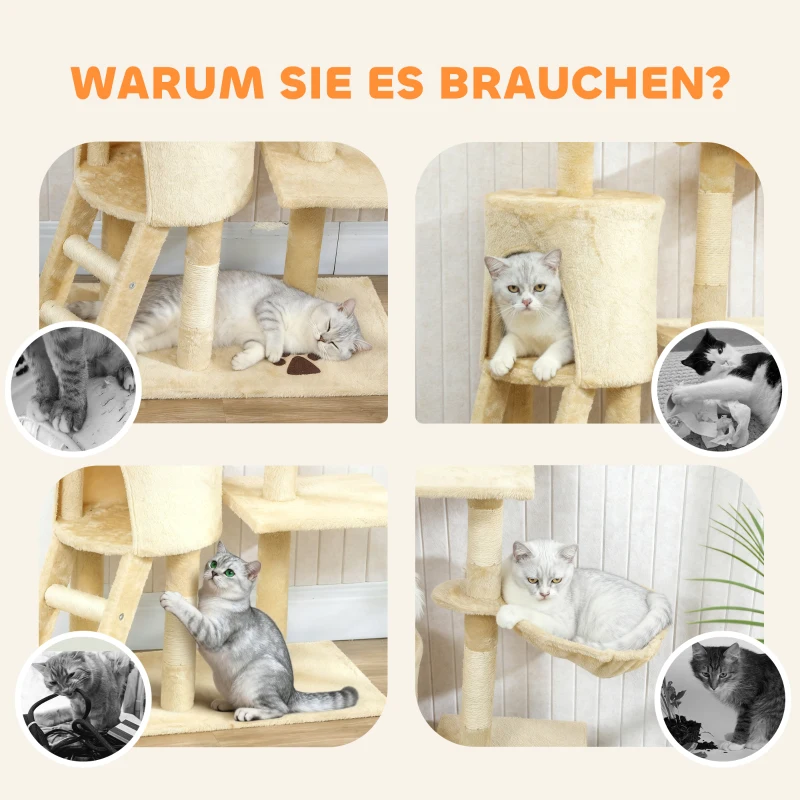 PawHut Kratzbaum Katzenbaum mit Höhle, 4 Spielzeuge, Sisalstämme, große Plattform, Treppe, für Katzen unter 5 kg, Beige