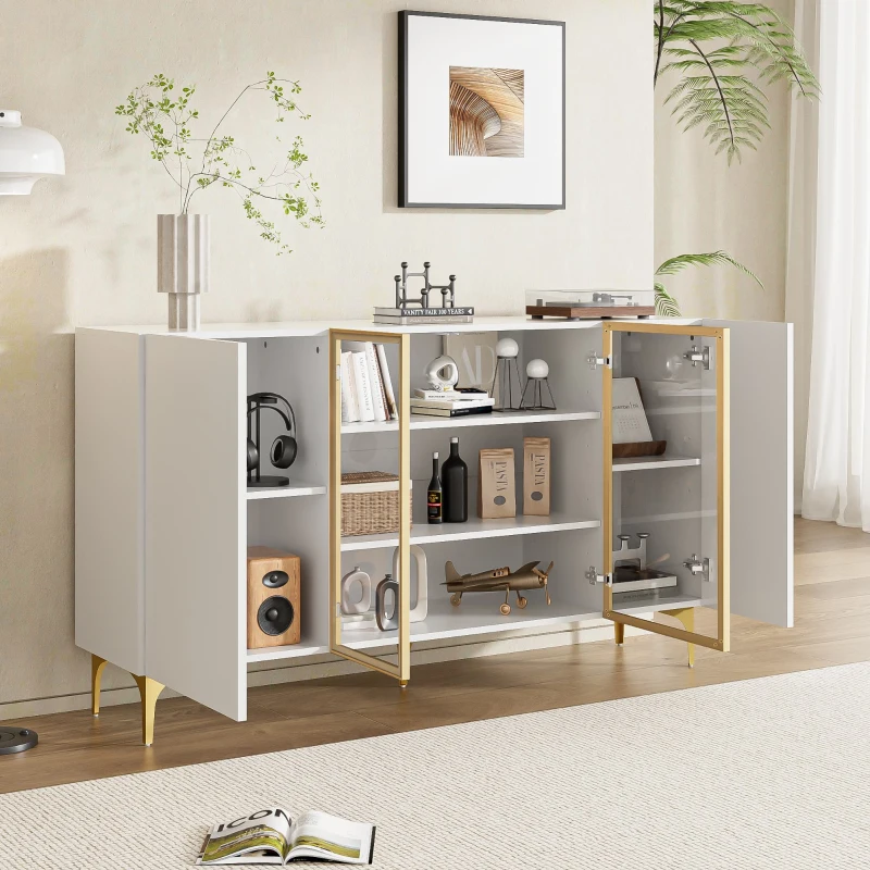 Credenza 4-ante con vetro & metallo, ampio spazio di archiviazione, 150x38x85 cm, Bianco