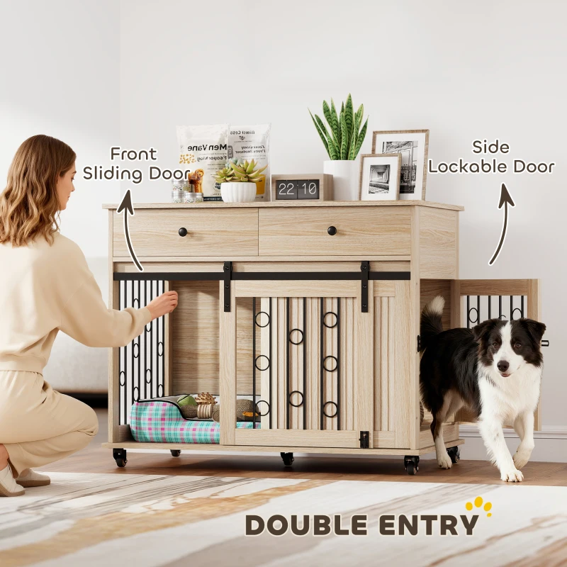 PawHut Dog Crate Furniture on Wheels, Dog Cage with 2 Drawers, Sliding Door, for Medium Large Dogs, Oak Tone