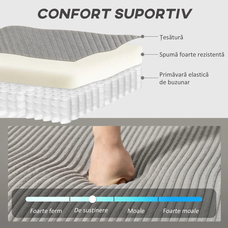 HOMCOM Canapea Extensibilă Modernă în Formă de U și Spații de Depozitare, Catifea Reiată, 282x140x86 cm, Gri