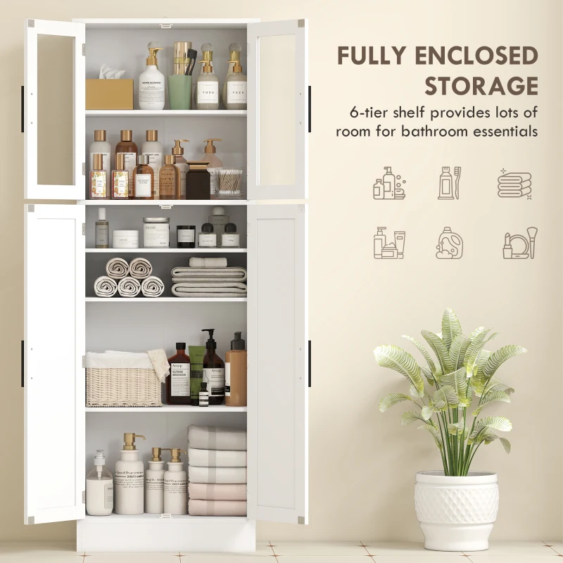 HOMCOM Dulap Baie 170 cm, Depozitare Independentă cu Uși din Sticlă și Rafturi Reglabile, Alb