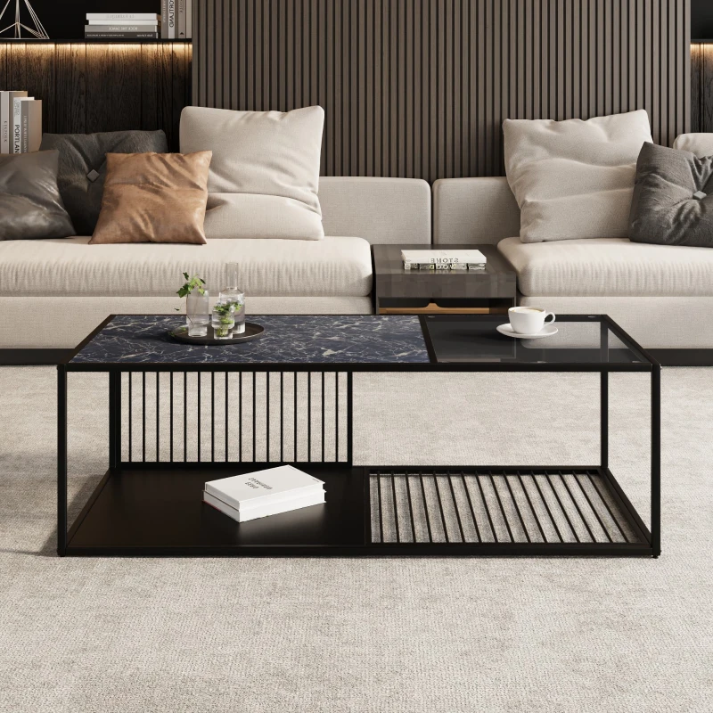 Tavolino da salotto con vetro temperato, con ampio spazio contenitivo, 110x48x35 cm, Nero