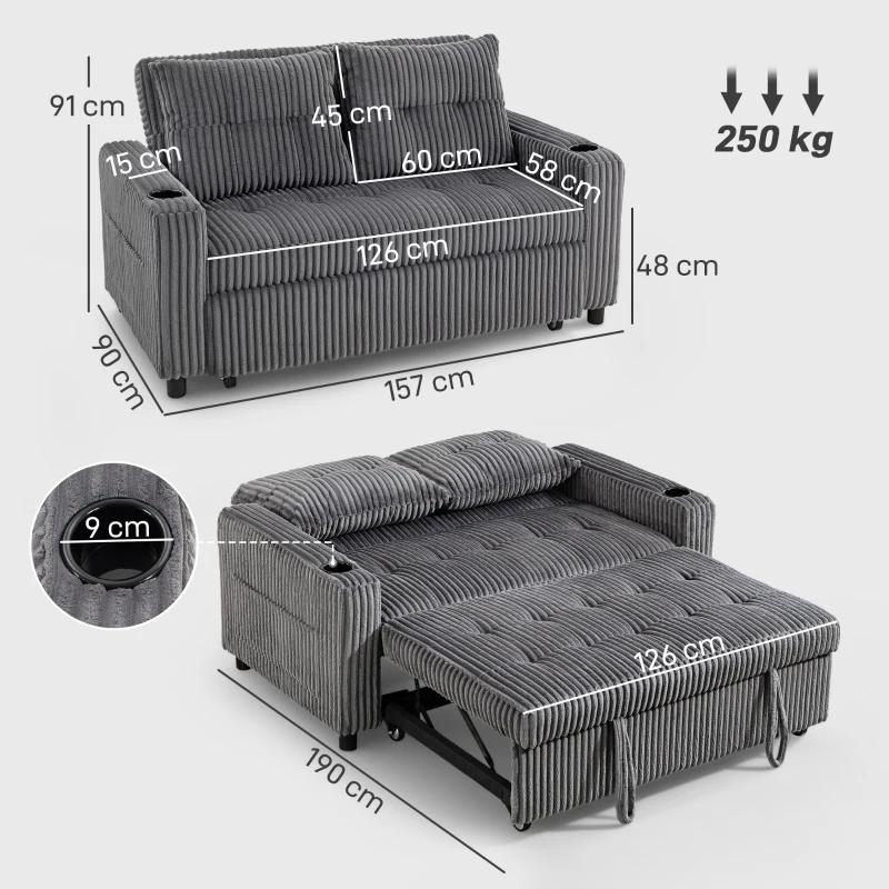 HOMCOM 2 Seater Click Clack Sofa Bed with Pull Out Design, Corduroy Upholstery - Charcoal Grey