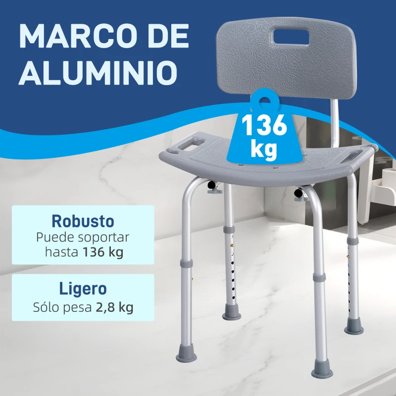 HOMCOM Taburete de Ducha Silla para Ducha con Respaldo Antideslizante Altura Regulable en 8 Niveles Carga 136 kg