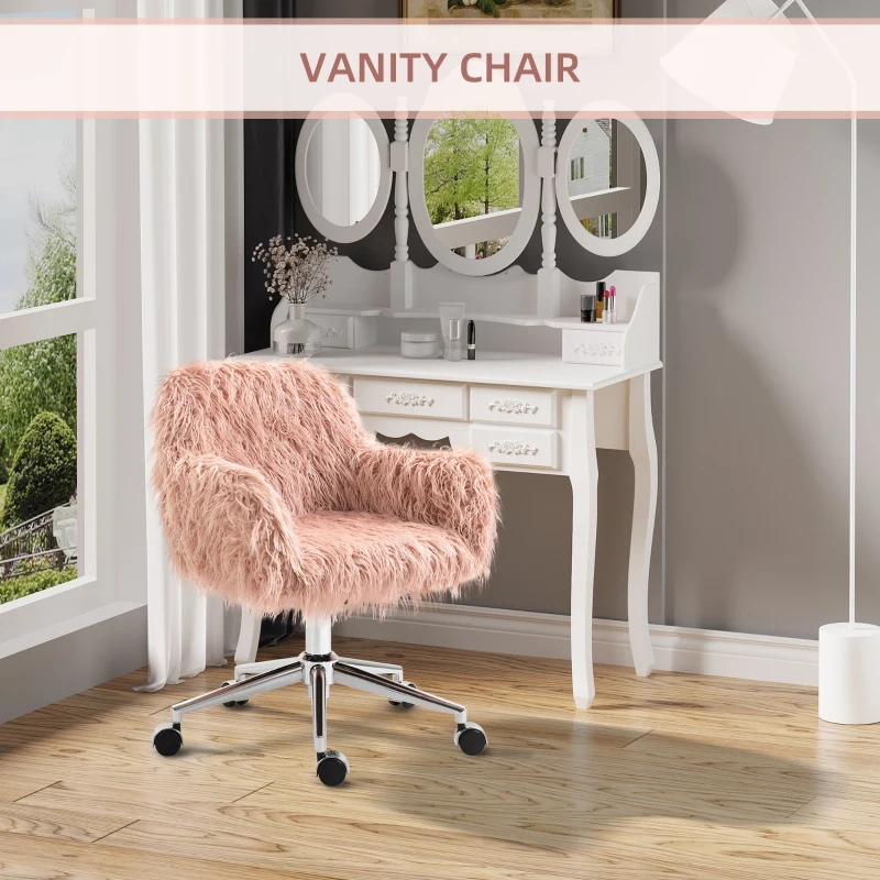Vinsetto Faux Fur Desk Chair, Rolling Swivel Makeup Chair with Adjustable Height, Armrets for Home Office, Bedroom, Pink