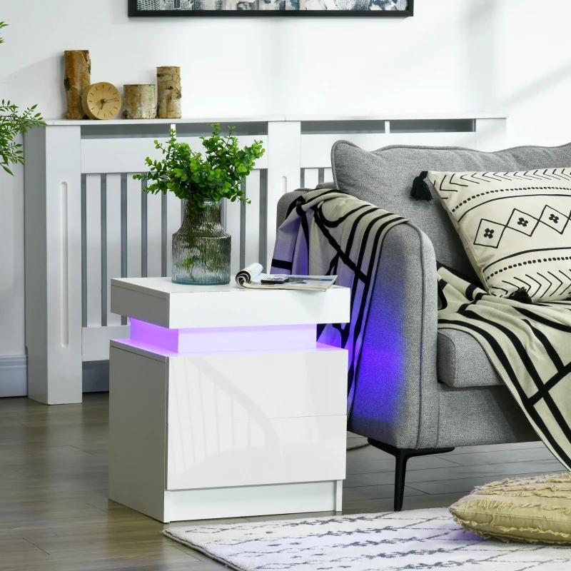 HOMCOM Table de chevet table de nuit lumière LED RVB panneau haute brillance avec 2 tiroirs pour salon chambre à coucher blanc