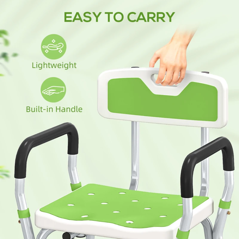 HOMCOM EVA Padded Shower Chair for the Elderly and Disabled, Height Adjustable Shower Stool with Back and Arms, 4 Suction Foot Pads, Green