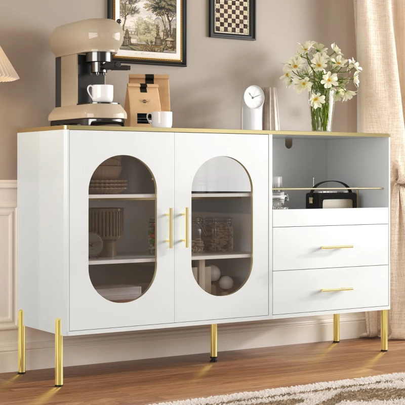 Credenza con 2 cassetti e 2 ante in vetro, ampio vano contenitivo, 140x38x90 cm, Bianco