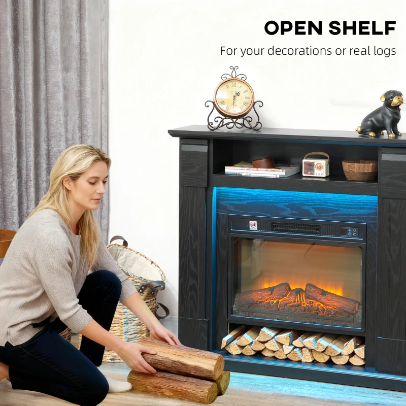 HOMCOM Șemineu Electric Reglabil cu Flacără 3D, Temporizator și Telecomandă Negru