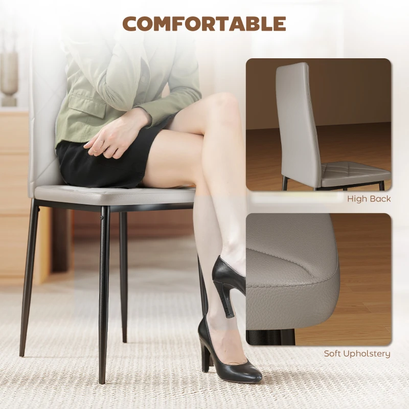 HOMCOM Set de 6 Scaune de Sufragerie, cu Spătar Înalt cu Cusături Tip Romb din Piele Ecologică și Oțel, 41x50x97 cm, Gri