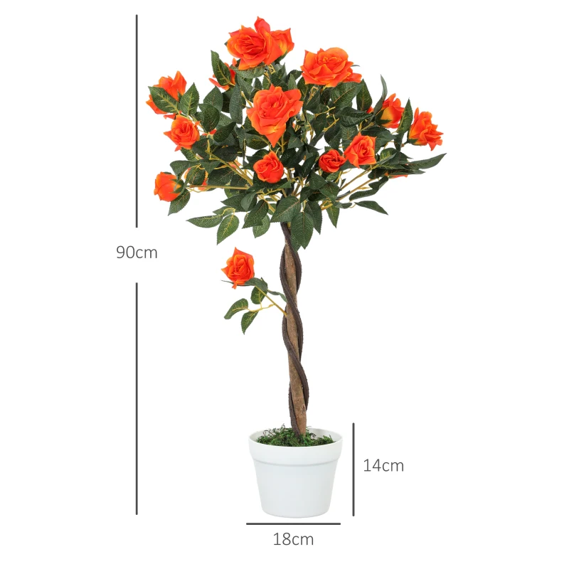 Outsunny Plantă Artificială de Trandafir cu 21 de Flori Ø18x90 cm Portocaliu cu Vas