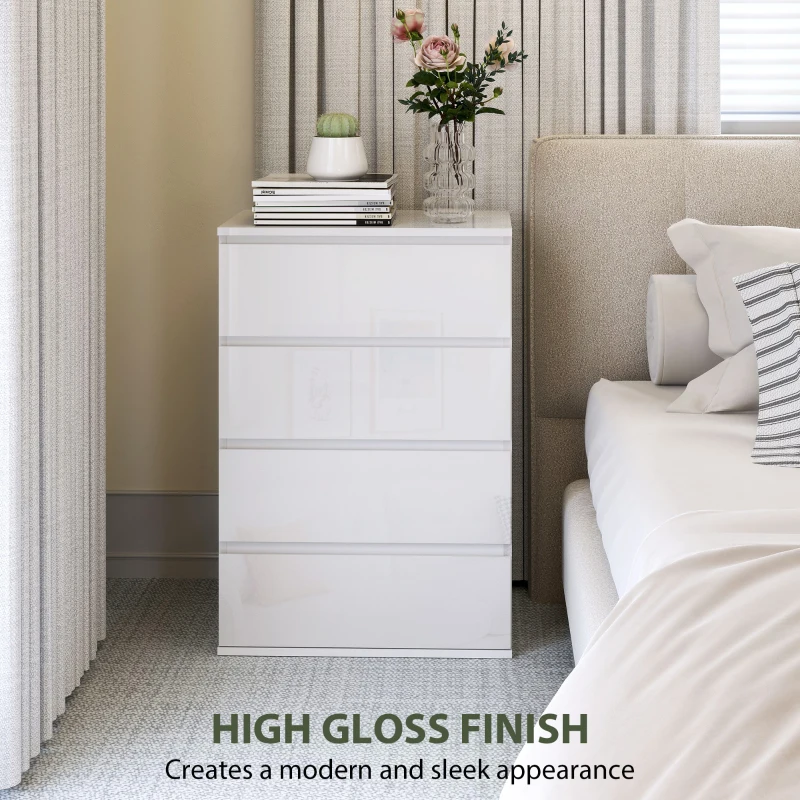 HOMCOM High Gloss Chest of Drawers, 4-Drawer Storage Cabinets, Modern Dresser for Bedroom, White