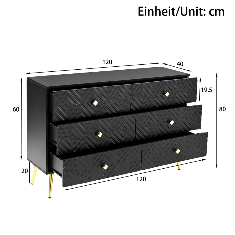 Cassettiera a 6 cassetti, con motivo geometrico e maniglie a forma di diamante, per camera da letto e soggiorno, 120x40x80 cm, Nero