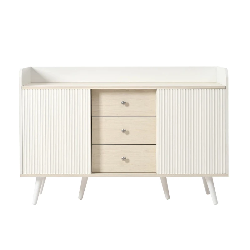 Credenza con 3 cassetti, ante scorrevoli a righe, 117,5x39,5x79 cm, Bianco