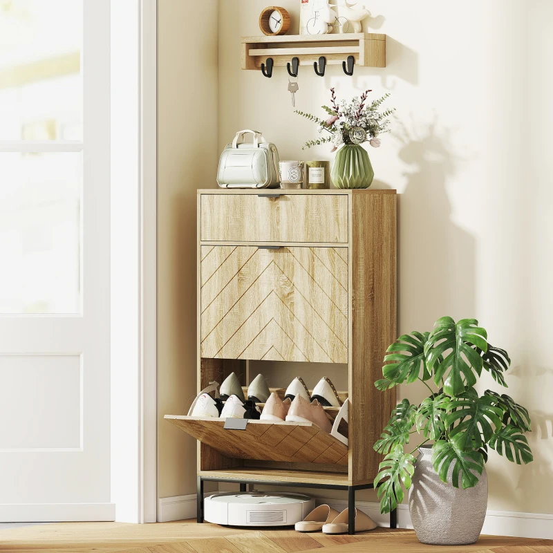 HOMCOM Meuble à chaussures 8 paires avec tiroir coulissant, 2 tiroirs rabattables, étagères réglables, 60x24x105,5cm, chêne