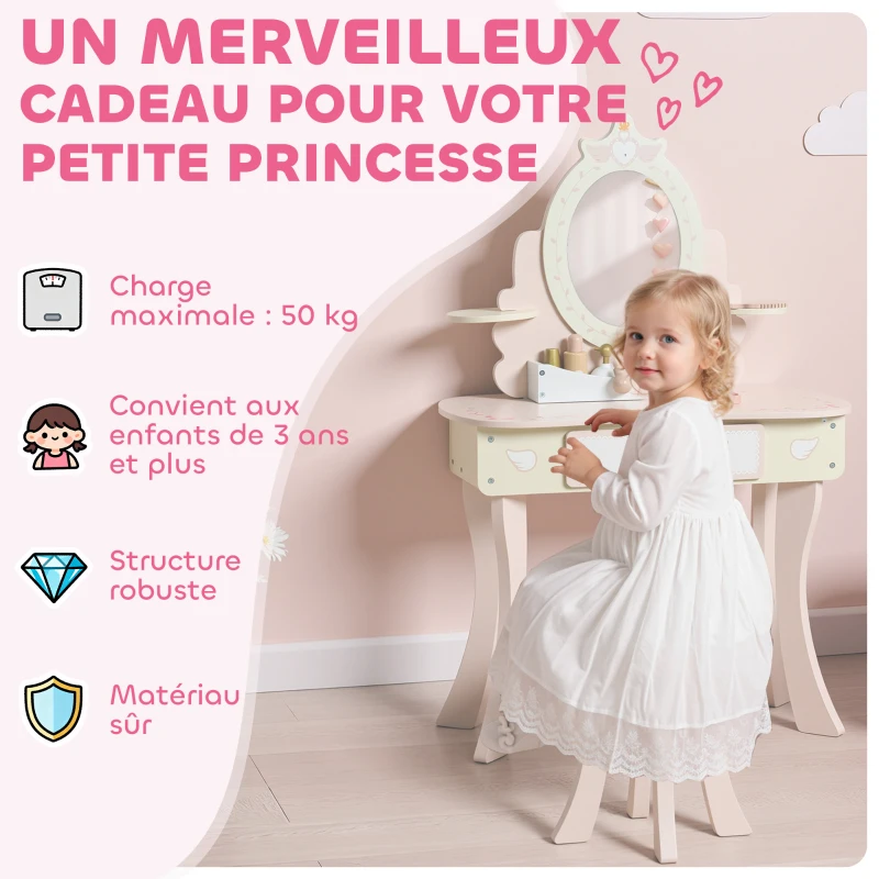 AIYAPLAY Coiffeuse enfant fille table de maquillage 2 en 1 avec 7 accessoires de jeu miroir en acrylique 59,8x29,6x89,8cm rose