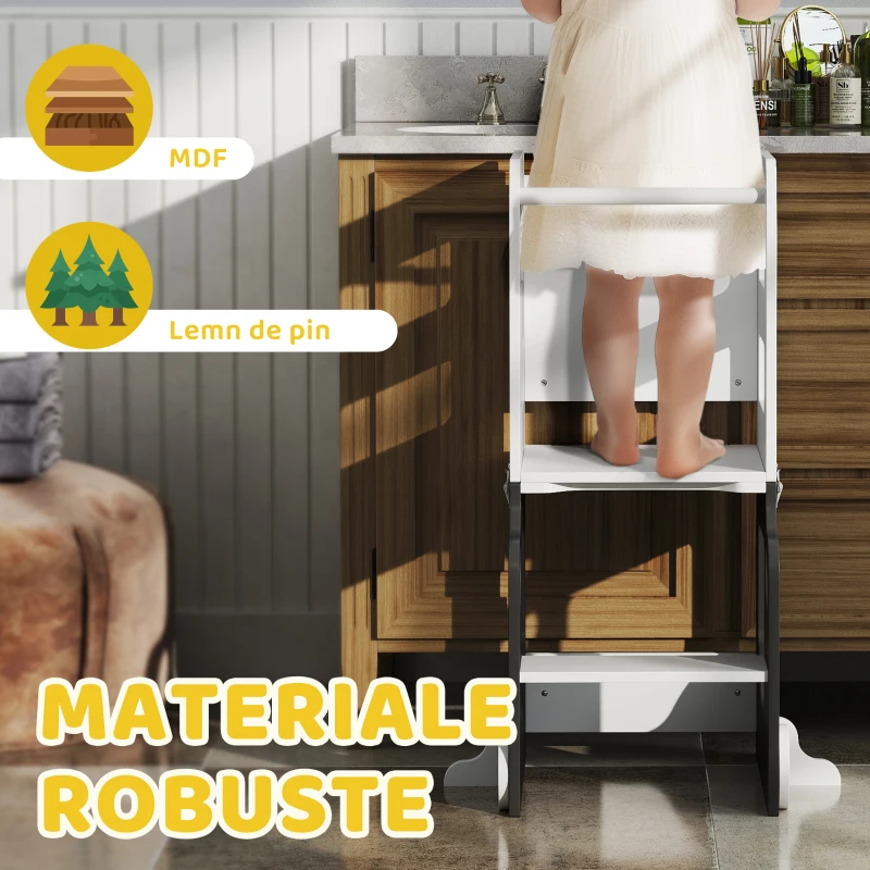 AIYAPLAY Scara Montessori 4 în 1 pentru Copii cu 2 Table și Set Masă și Scaun, din Lemn, 58x46x92 cm, Alb