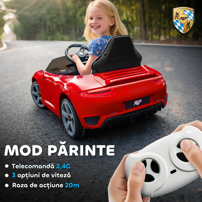 AIYAPLAY Mașinuță Electrică pentru Copii cu Licență Oficială RUF GT, Auto Electric pentru Copii 3-5 Ani cu Telecomandă, Pornire Lentă, Centură de Siguranță, Lumini, Muzică și USB, Roșu