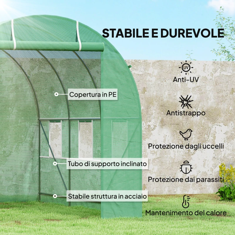 Outsunny Serra per Orto a Tunnel 3.5x2x2m in PE e Metallo con 6 finestre e Porta Avvolgibile, Verde