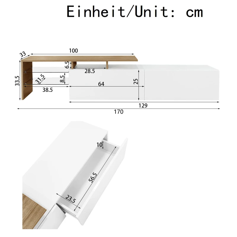 Mobile TV con illuminazione LED, spazio di archiviazione e ripiani in vetro, 170x33x33,5 cm, Colore naturale+Bianco
