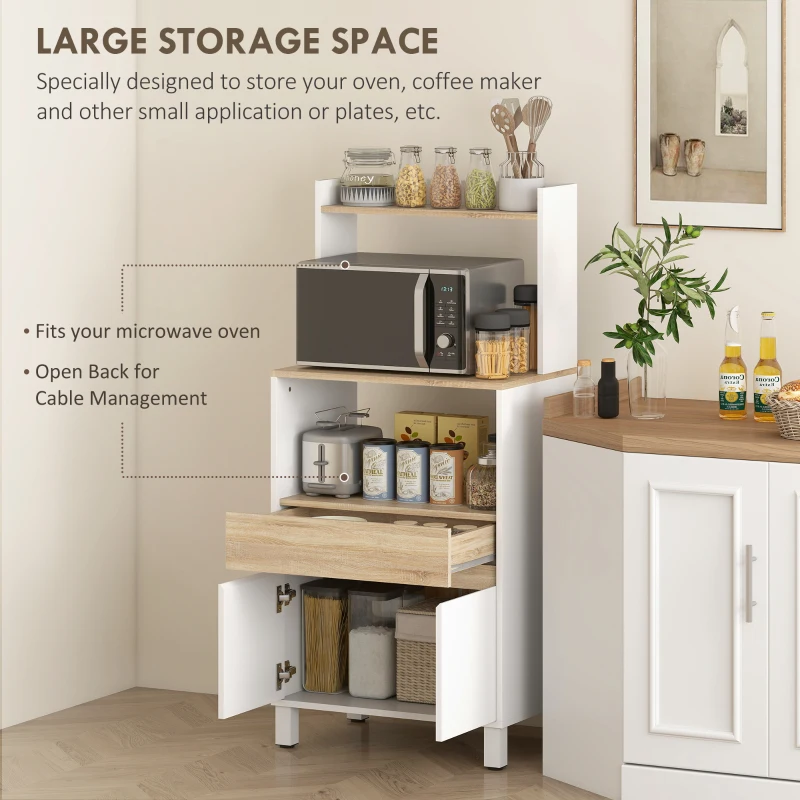 HOMCOM Dulap pentru Microunde din Lemn cu Raft, Blat Deschis, Sertar și Dulap, 60x40x131 cm, Alb