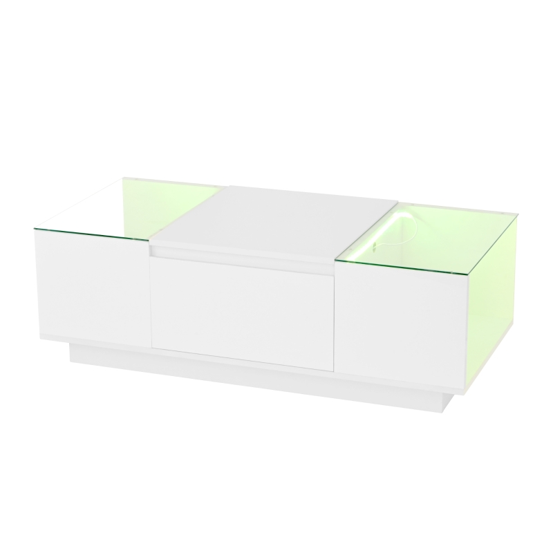 Masă de cafea cu spațiu de depozitare, iluminare ambientală LED, blat din sticlă și 2 sertare, 105x50x35 cm, Alb