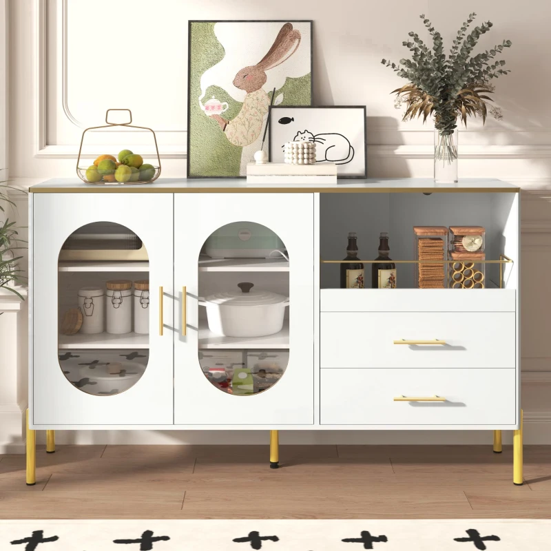 Credenza con 2 cassetti e 2 ante in vetro, ampio vano contenitivo, 140x38x90 cm, Bianco