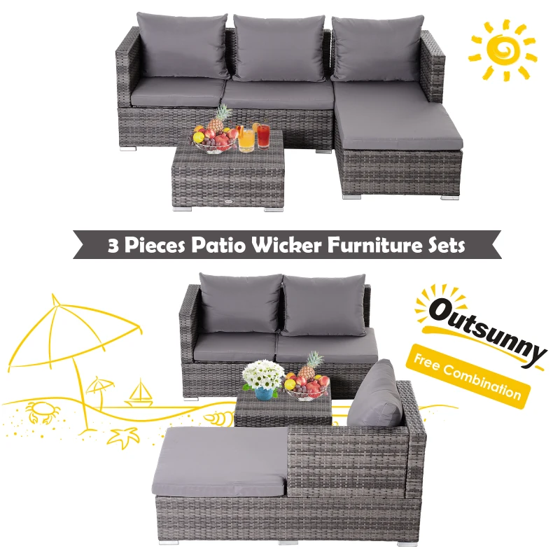 Outsunny 3 Pieces Rattan Garden Furniture Sofa Set, 4 Seater Garden Corner Sofa with 5-Level Reclining Sun Lounger and Storage Coffee Table, Outdoor Furniture Conservatory Set with Cushions, Grey