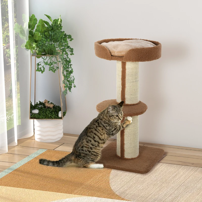 PawHut 91cm Cat Tree, Cat Tower with Scratching Post, Bed, Perch, Removable Cushion for Indoor Kittens, Brown