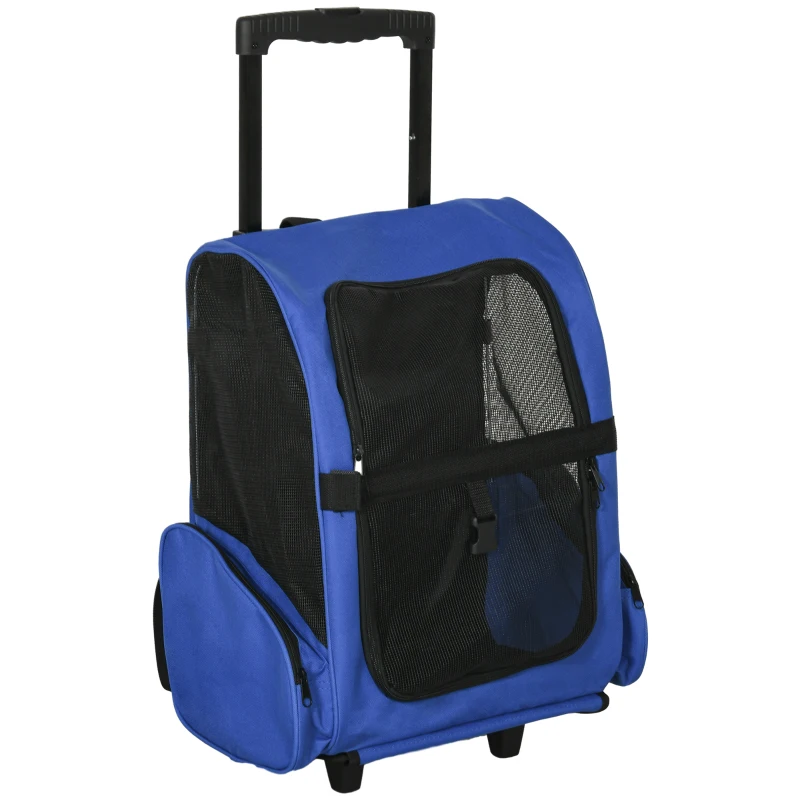 PawHut Sac de transport à roulettes pour chien 2 en 1 trolley chariot sac à dos pour chien chat avec poignée téléscopique, sacs de rangement, aérations, attache de sécurité, 42 x 25 x 55 cm, bleu