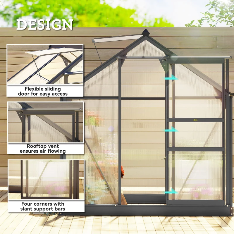 Outsunny 6 x 4ft Polycarbonate Greenhouse - Large Walk-In Green House with Sliding Door and Window, Garden Plants Growth House with Aluminium Frame and Foundation, Grey(m-4)