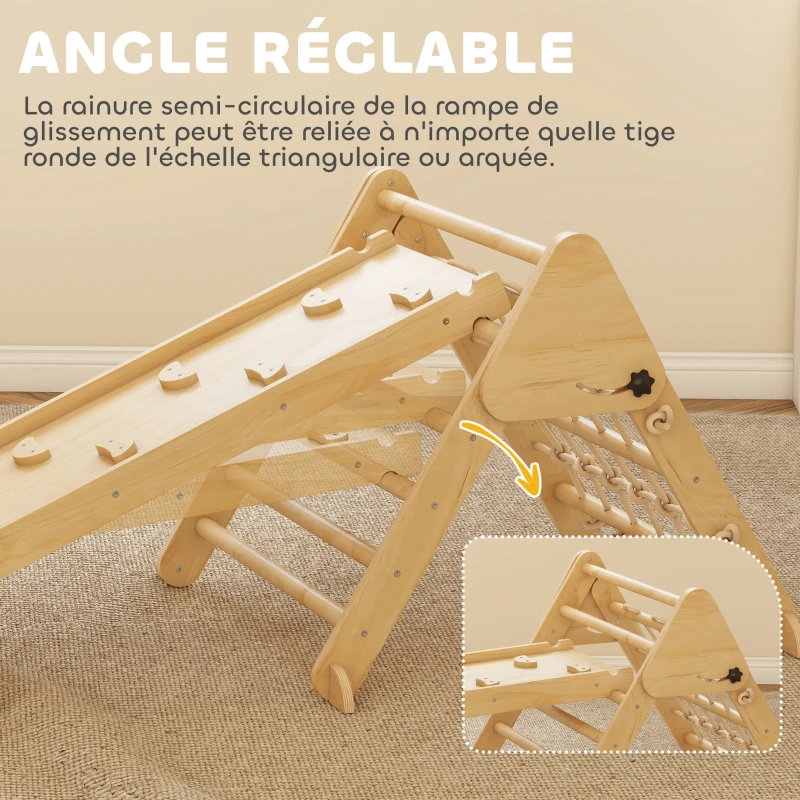 AIYAPLAY Triangle d'escalade enfants 8 en 1 avec rampe double face, arc d'escalade en bois avec toboggan & échelle, naturel