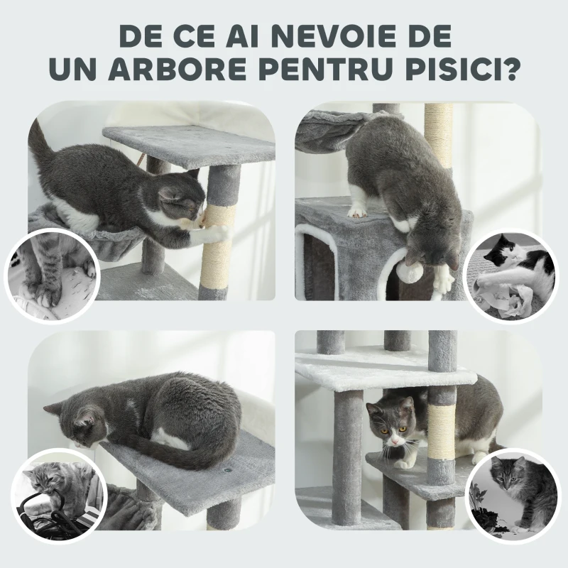 PawHut Arborele pentru Pisici cu Căsuțe, Rampe, Stinghie și 4 Mingi, Gri