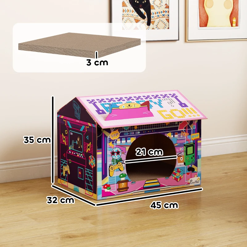 PawHut 2 in 1 Gaming Style Cardboard Cat House with Scratching Board & Catnip for Indoor Cats, Pink