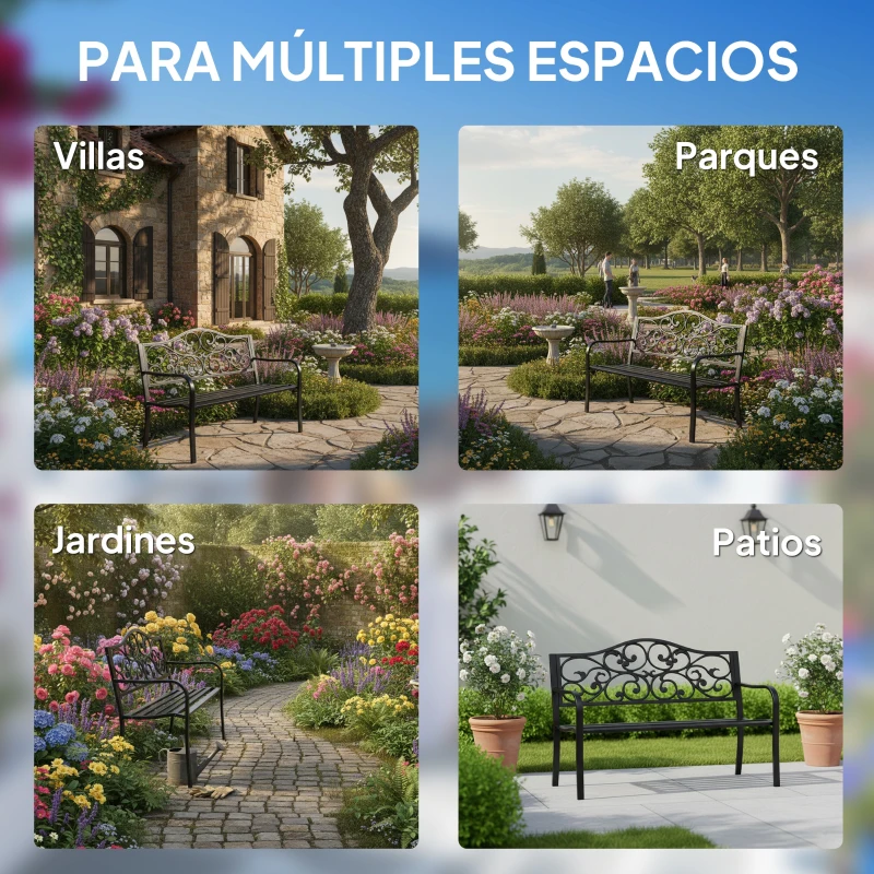 Outsunny Banco Exterior de Jardín Banco de Acero Carga 240 kg para Patio Terraza Balcón 127x60x89 cm Negro